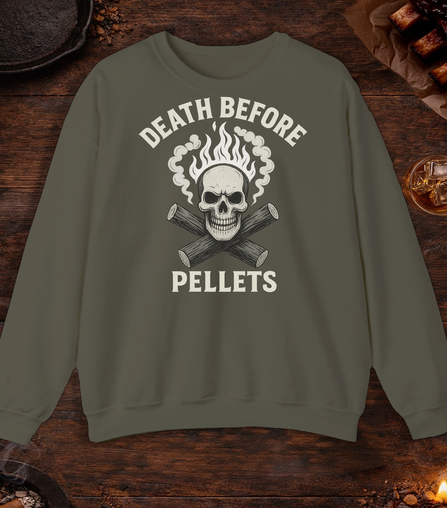 Death Before Pellets White Crewneck - Military Green