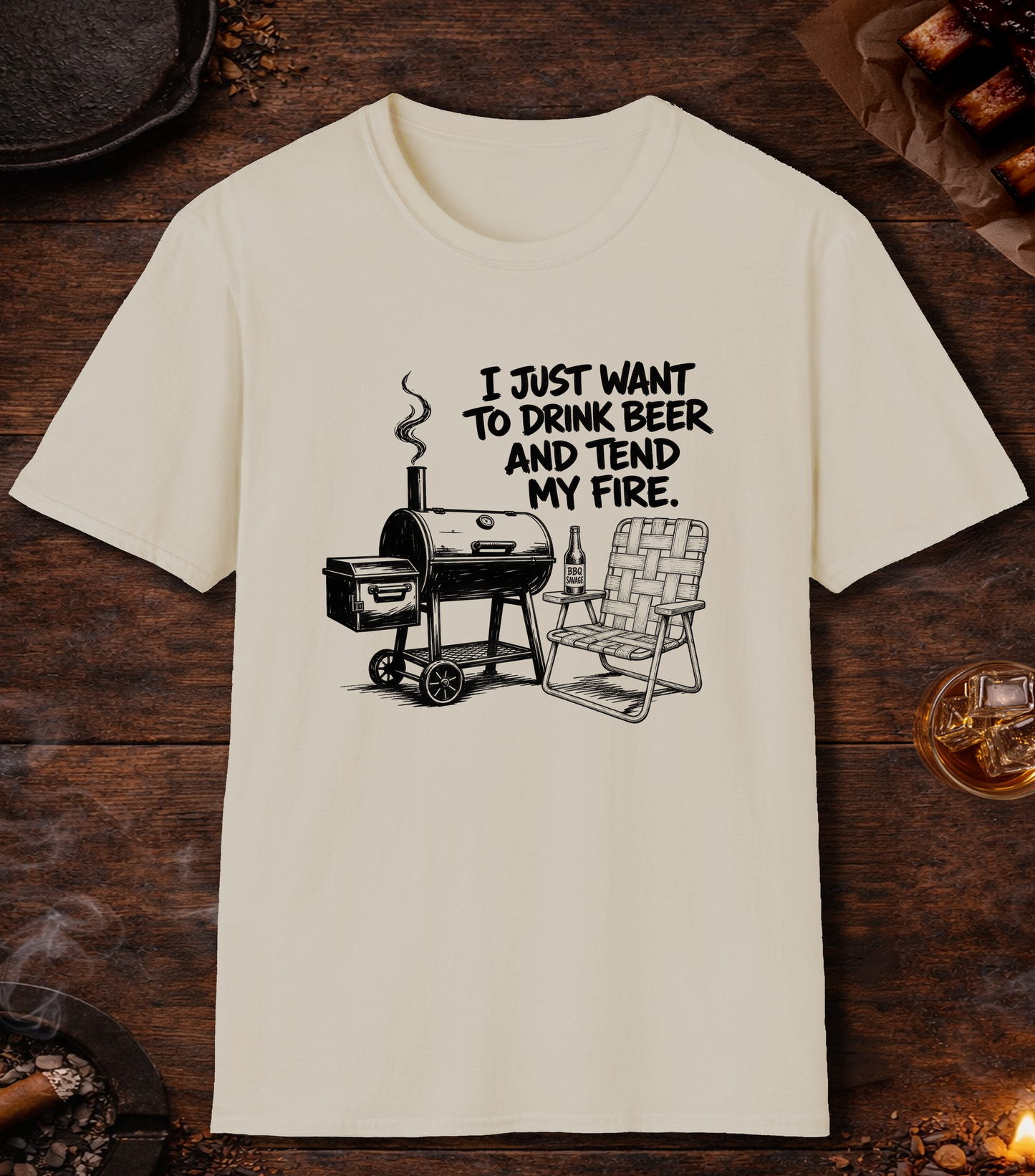 Drink Beer Tend Fire Black T-Shirt - Sand