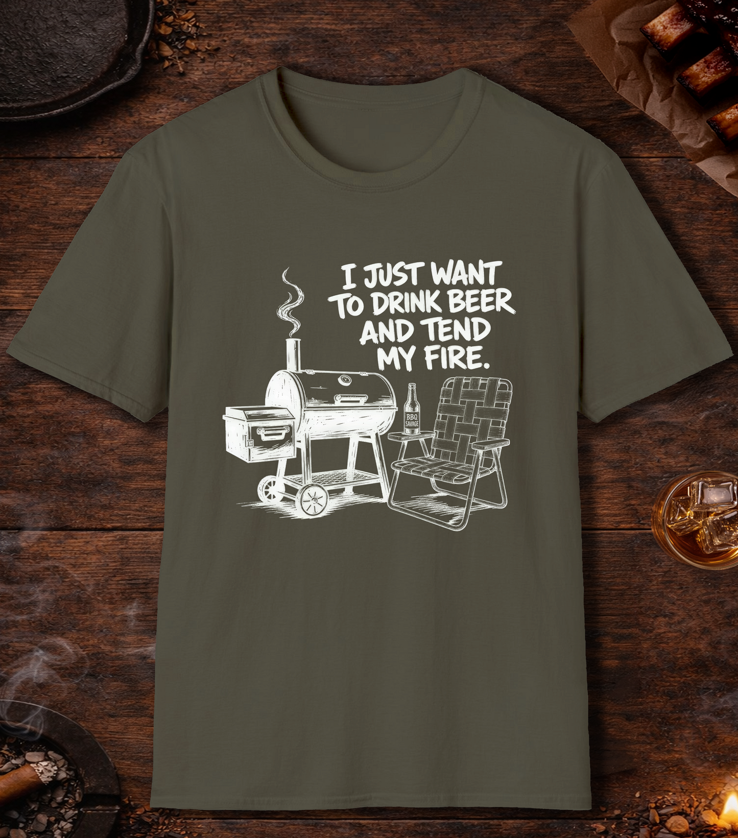 Drink Beer Tend Fire White T-Shirt - Military Green