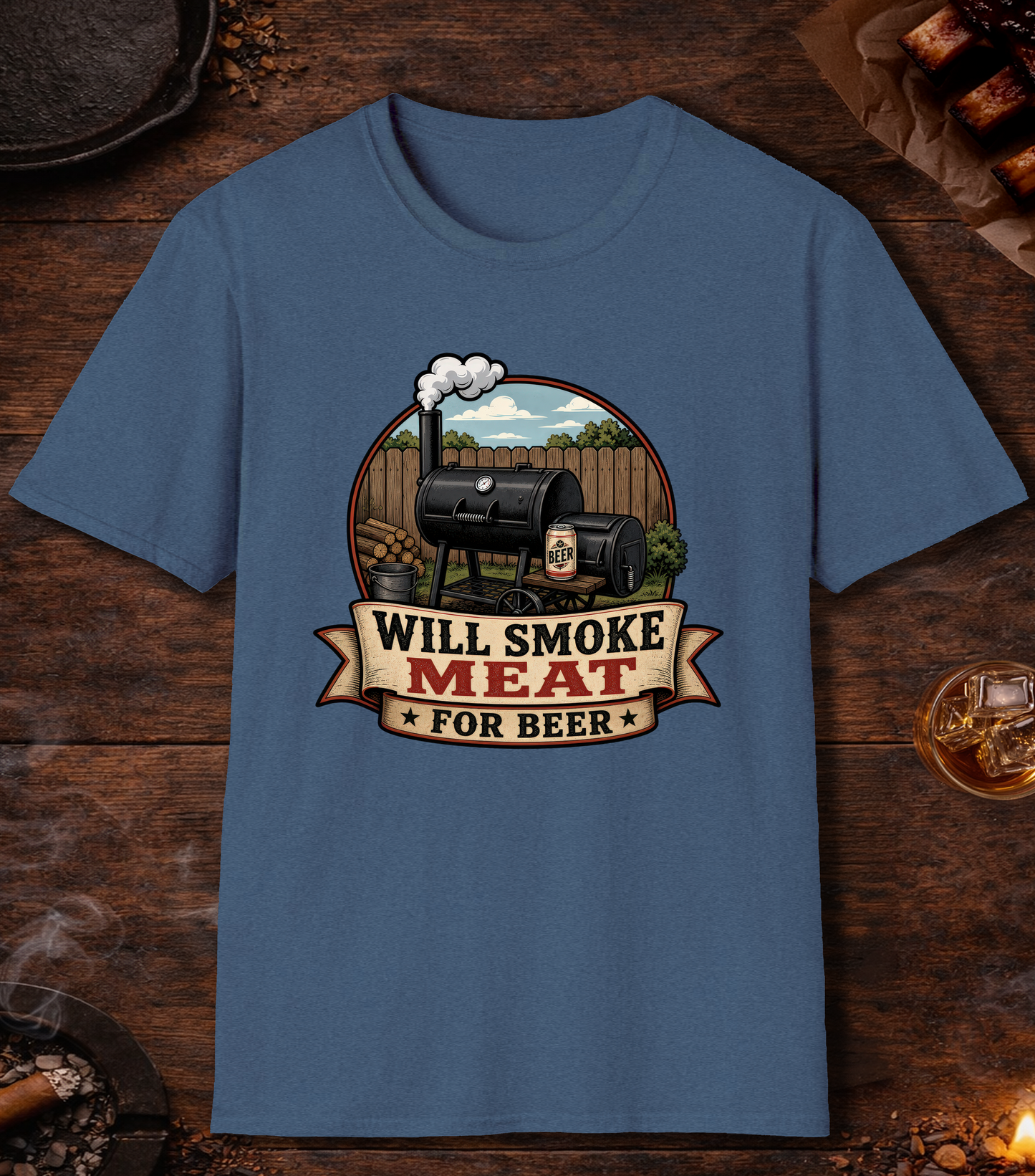 Will Smoke for Beer T-Shirt - Heather Indigo