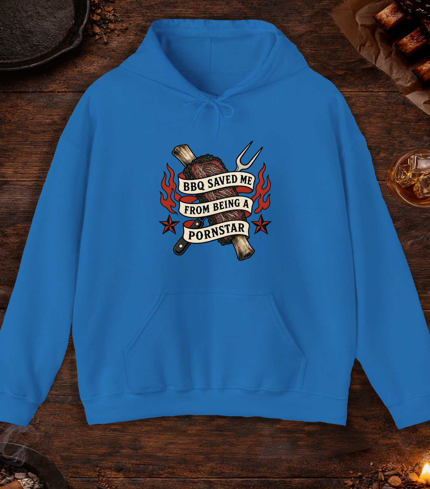 BBQ Saved Me Tattoo Hoodie - Royal