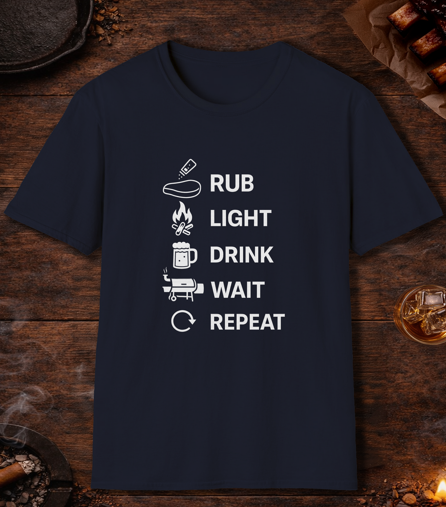 Rub Light Drink Wait Repeat T-Shirt - Navy