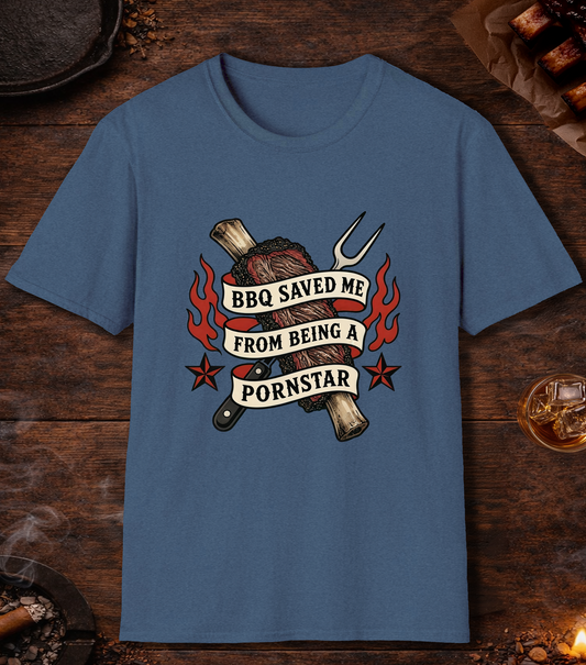 BBQ Saved Me Tattoo T-Shirt - Heather Indigo