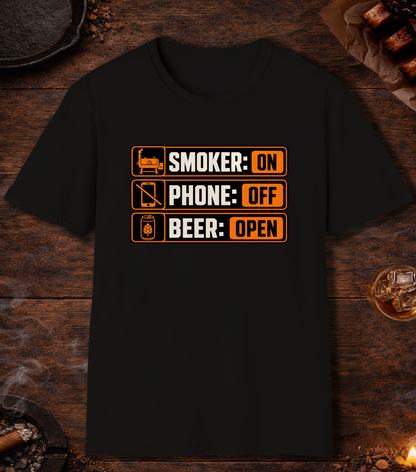 Smoker: On. Phone: Off. Beer: Open. T-Shirt - Black
