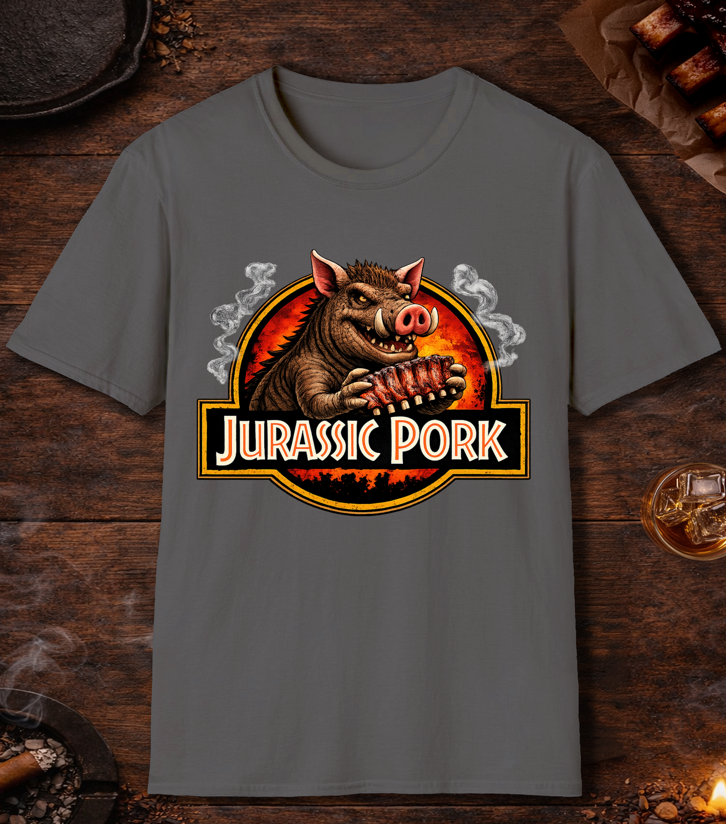 Jurassic Pork Parody T-Shirt - Charcoal