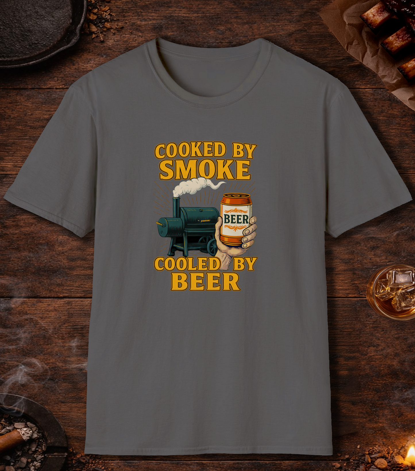 Cooked By Smoke Cooled By Beer T-Shirt - Charcoal