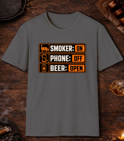 Smoker: On. Phone: Off. Beer: Open. T-Shirt - Charcoal
