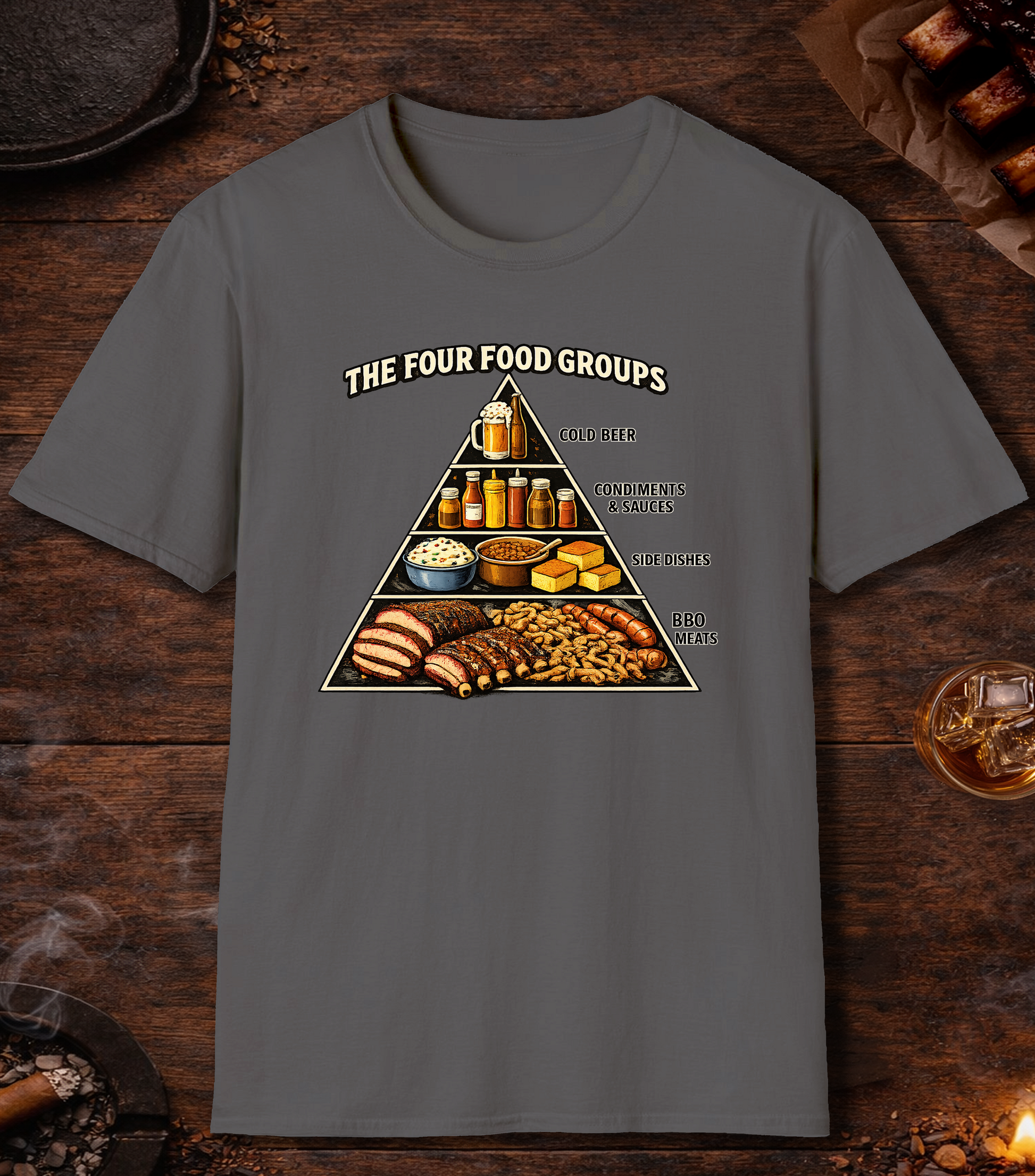 Four BBQ Food Groups T-Shirt - Charcoal