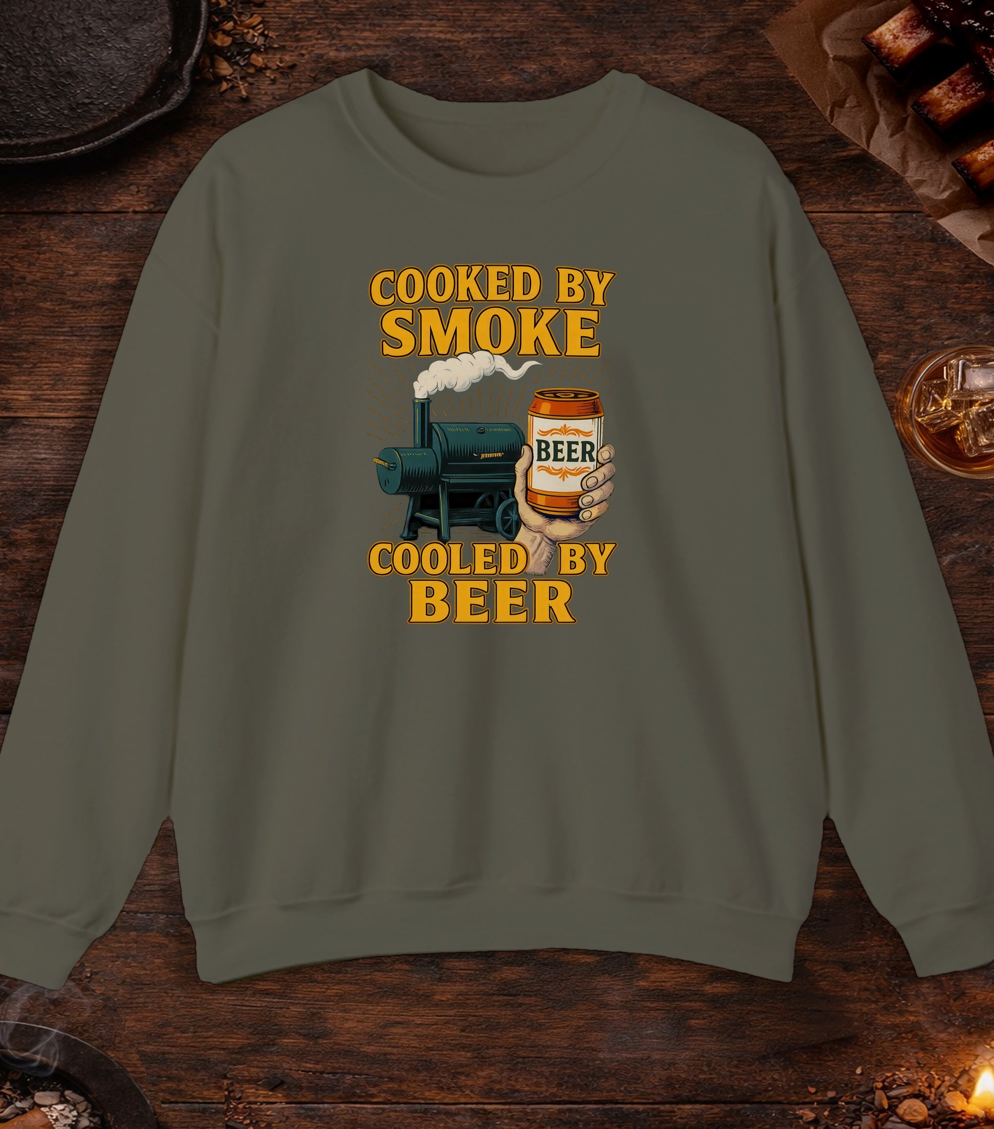 Cooked By Smoke Cooled By Beer Crewneck - Military Green