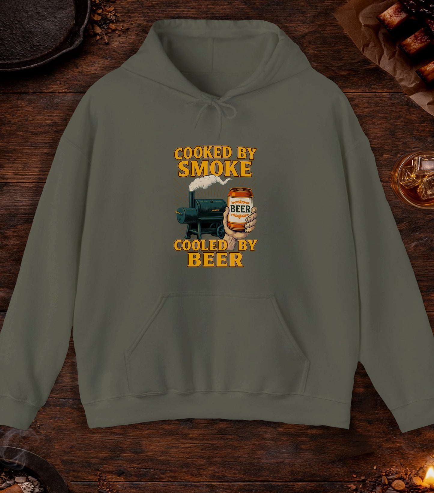 Cooked By Smoke Cooled By Beer Hoodie - Military Green