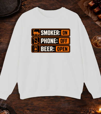 Smoker: On. Phone: Off. Beer: Open. Crewneck - Ash