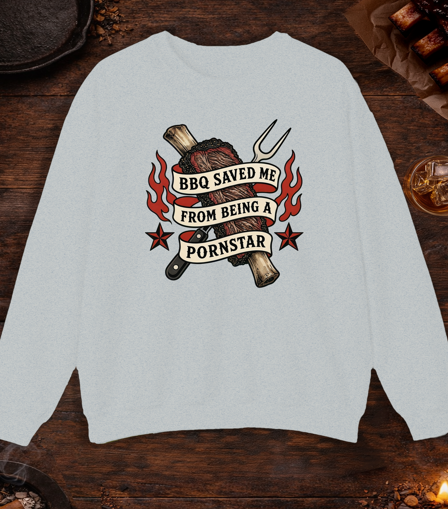 BBQ Saved Me Tattoo Crewneck - Ash