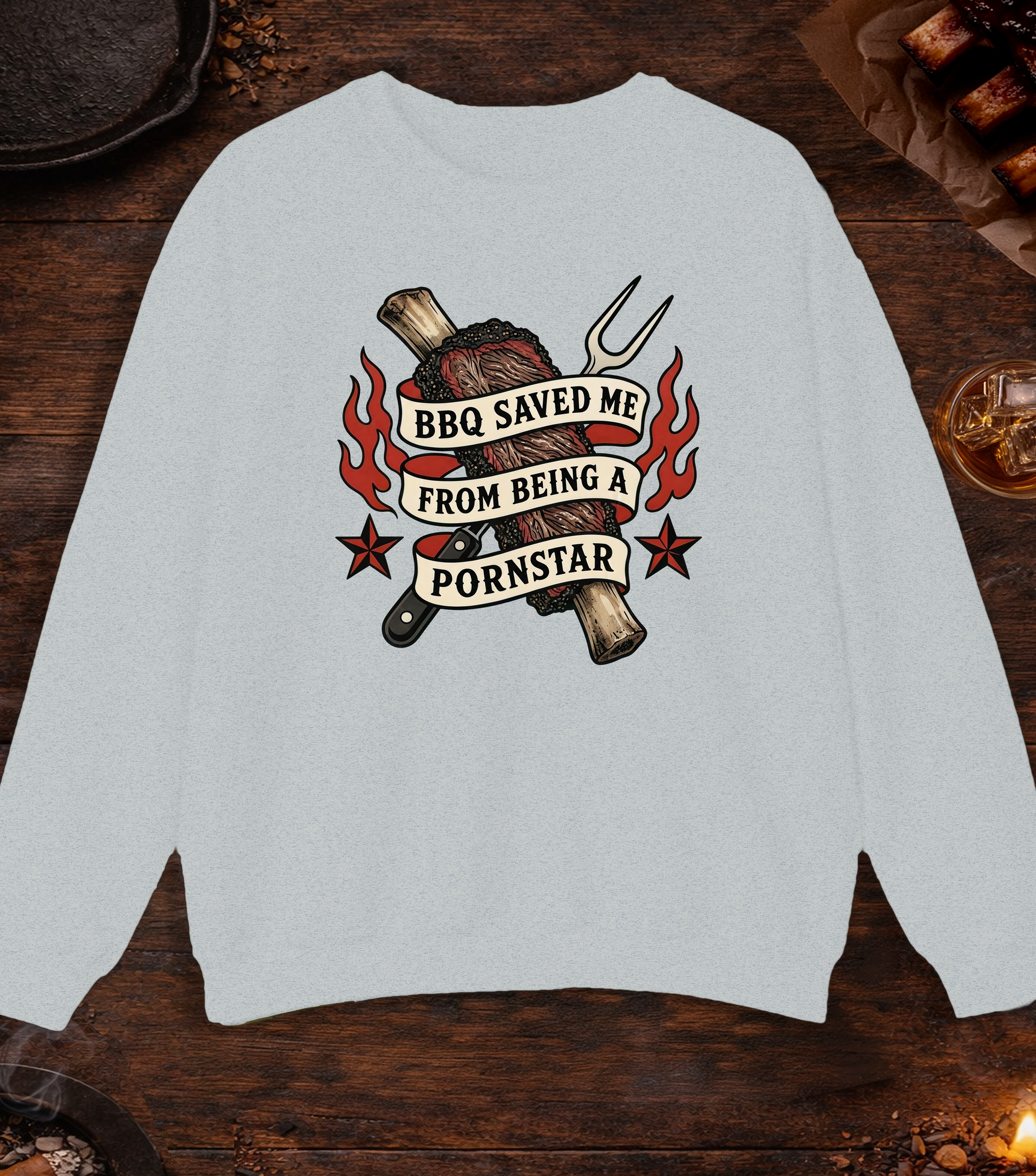 BBQ Saved Me Tattoo Crewneck - Ash
