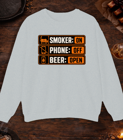 Smoker: On. Phone: Off. Beer: Open. Crewneck - Ash
