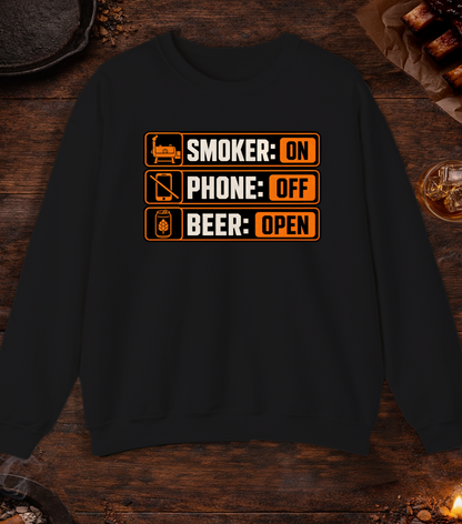 Smoker: On. Phone: Off. Beer: Open. Crewneck - Black