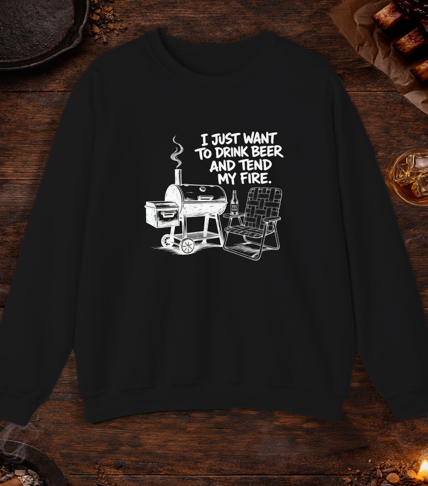 Drink Beer Tend Fire White Crewneck - Black