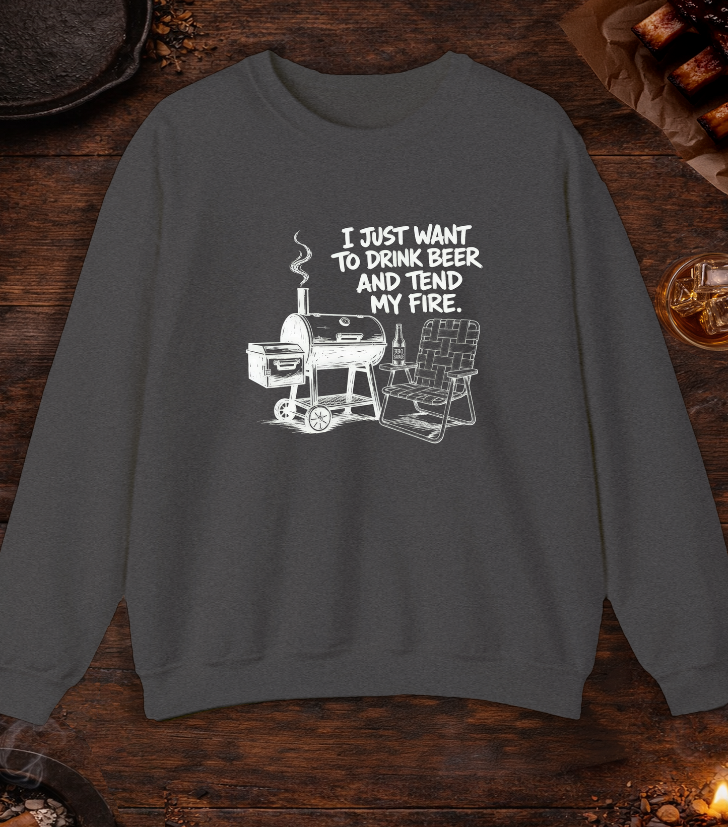 Drink Beer Tend Fire White Crewneck - Dark Heather