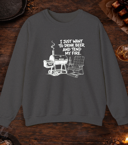 Drink Beer Tend Fire White Crewneck - Dark Heather