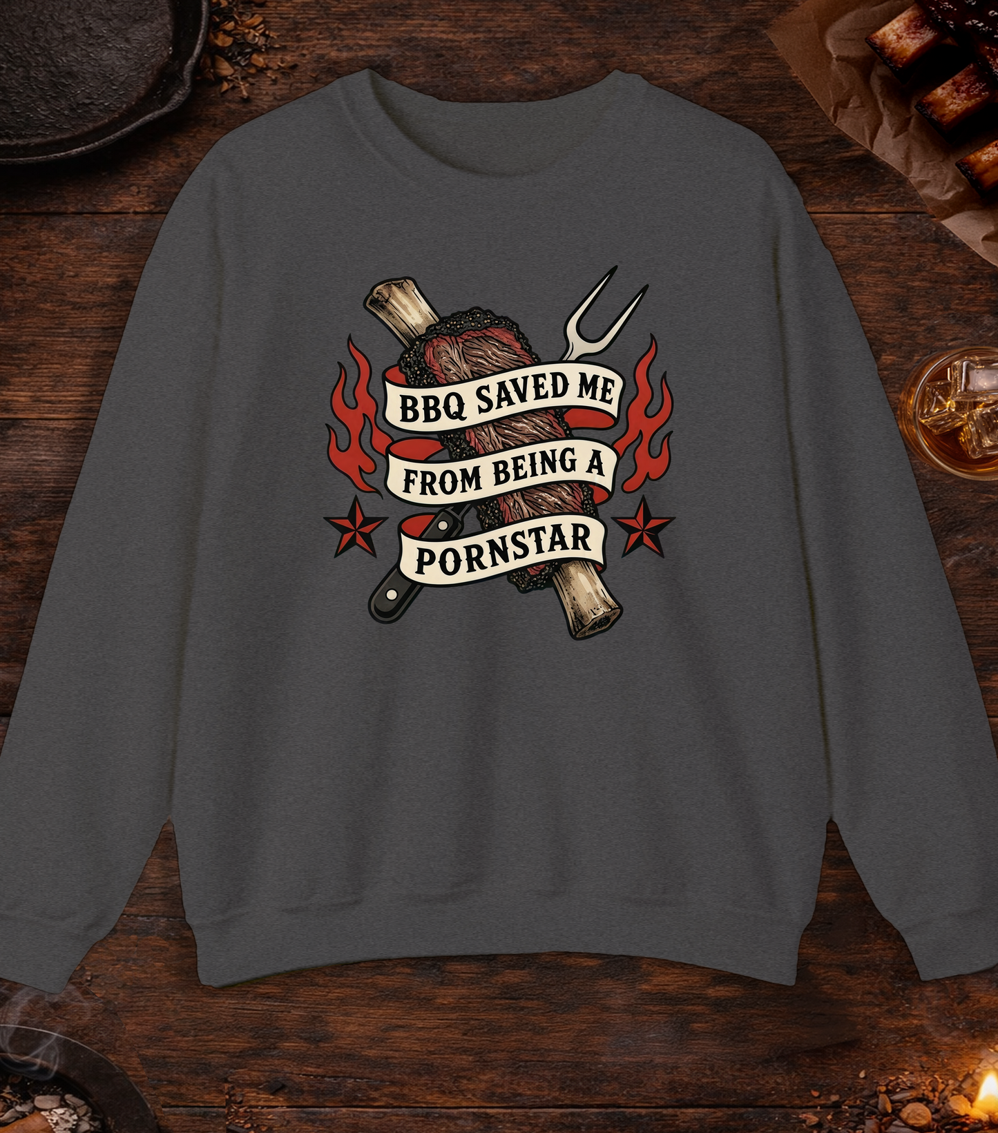 BBQ Saved Me Tattoo Crewneck - Dark Heather
