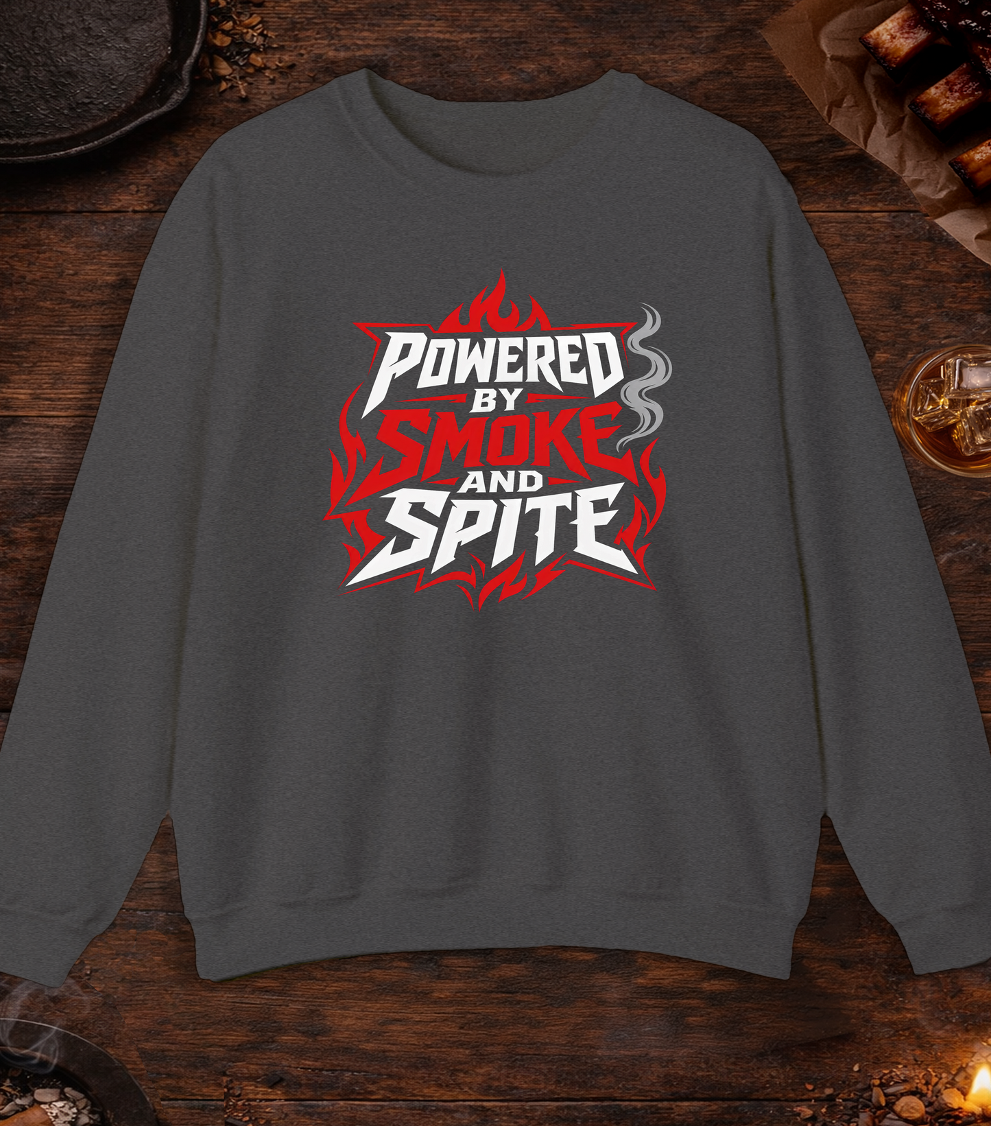 Powered By Smoke and Spite Crewneck - Dark Heather