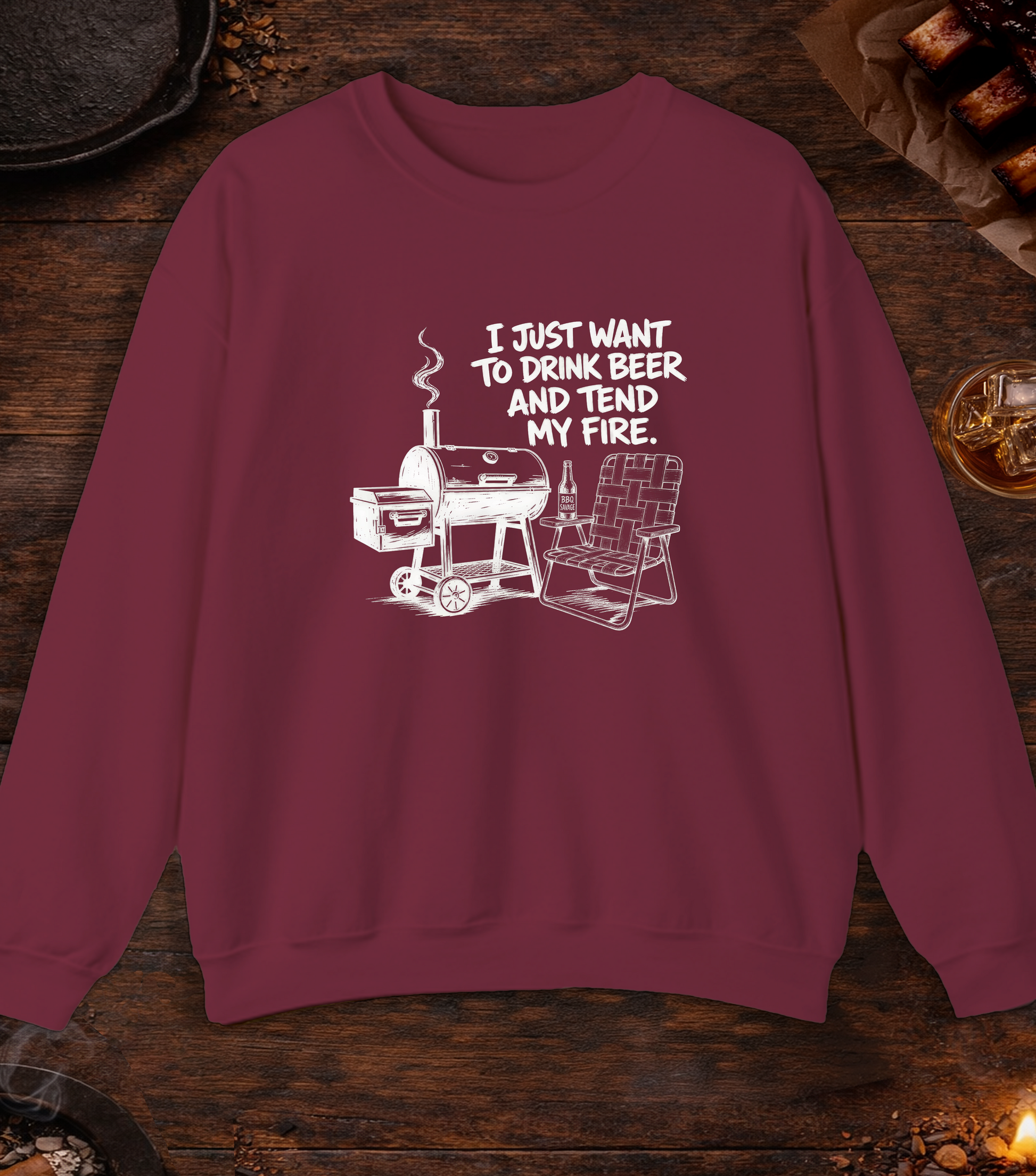 Drink Beer Tend Fire White Crewneck - Maroon