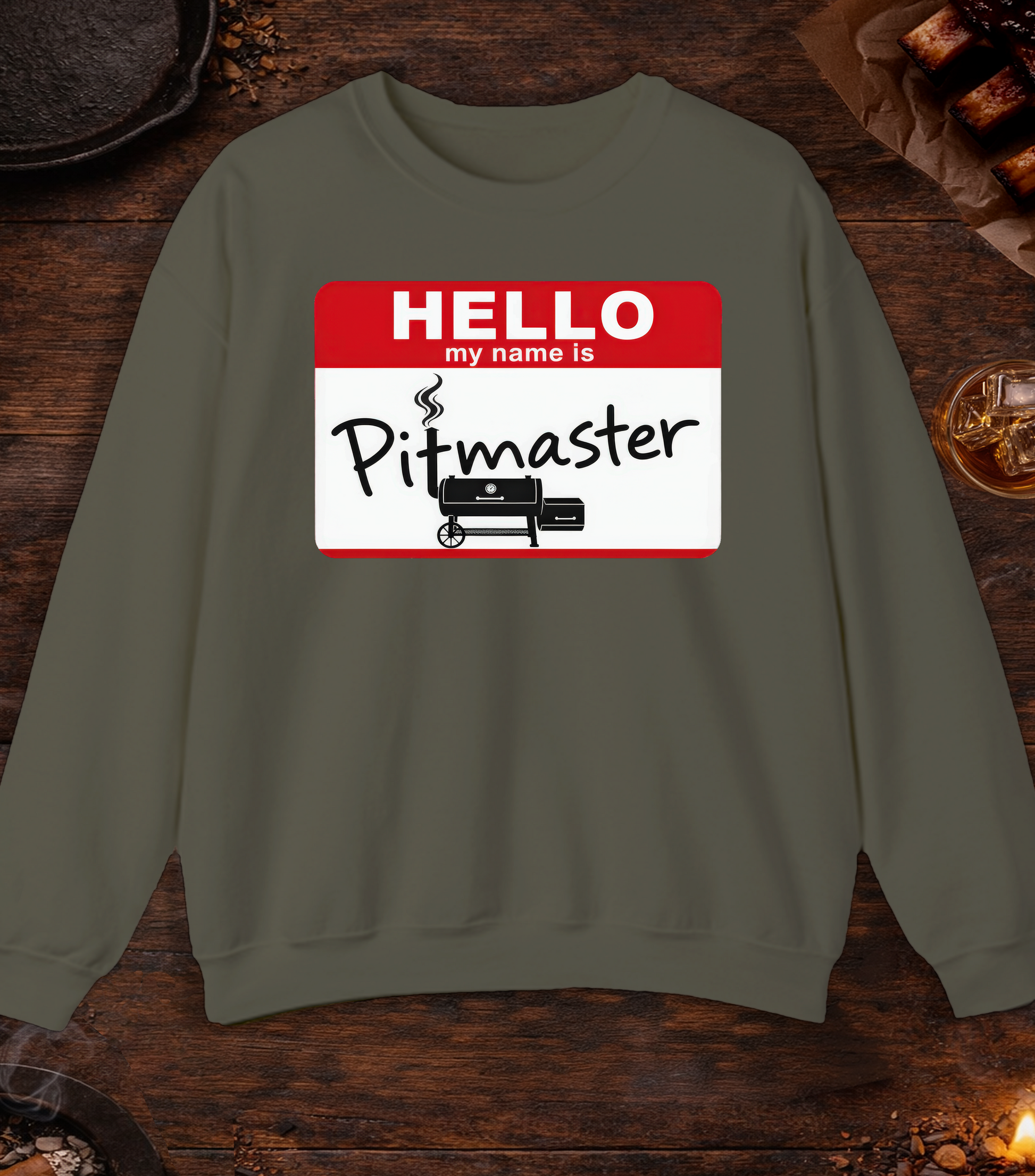 Hello My Name Is Pitmaster Crewneck - Military Green