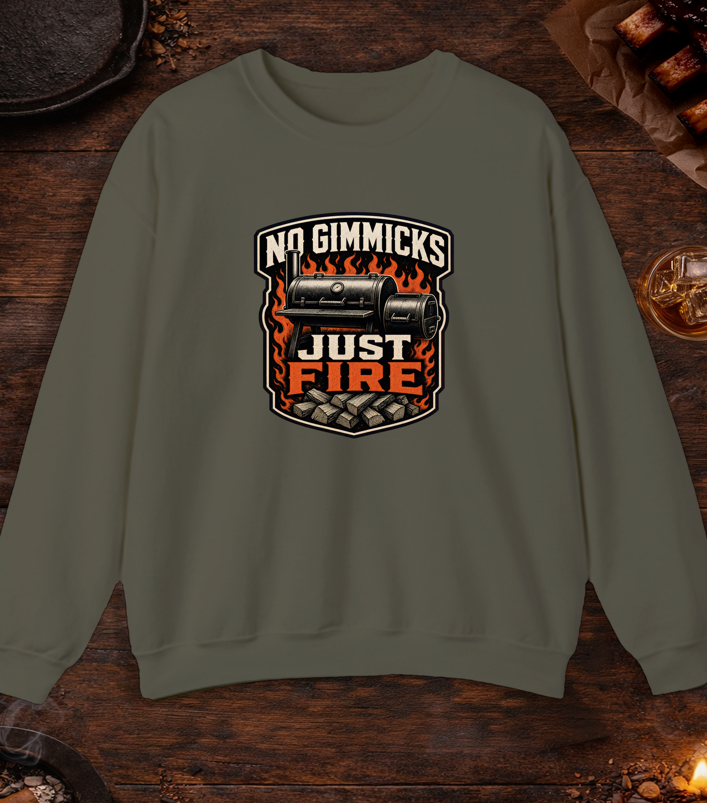 No Gimmicks Just Fire Crewneck - Military Green