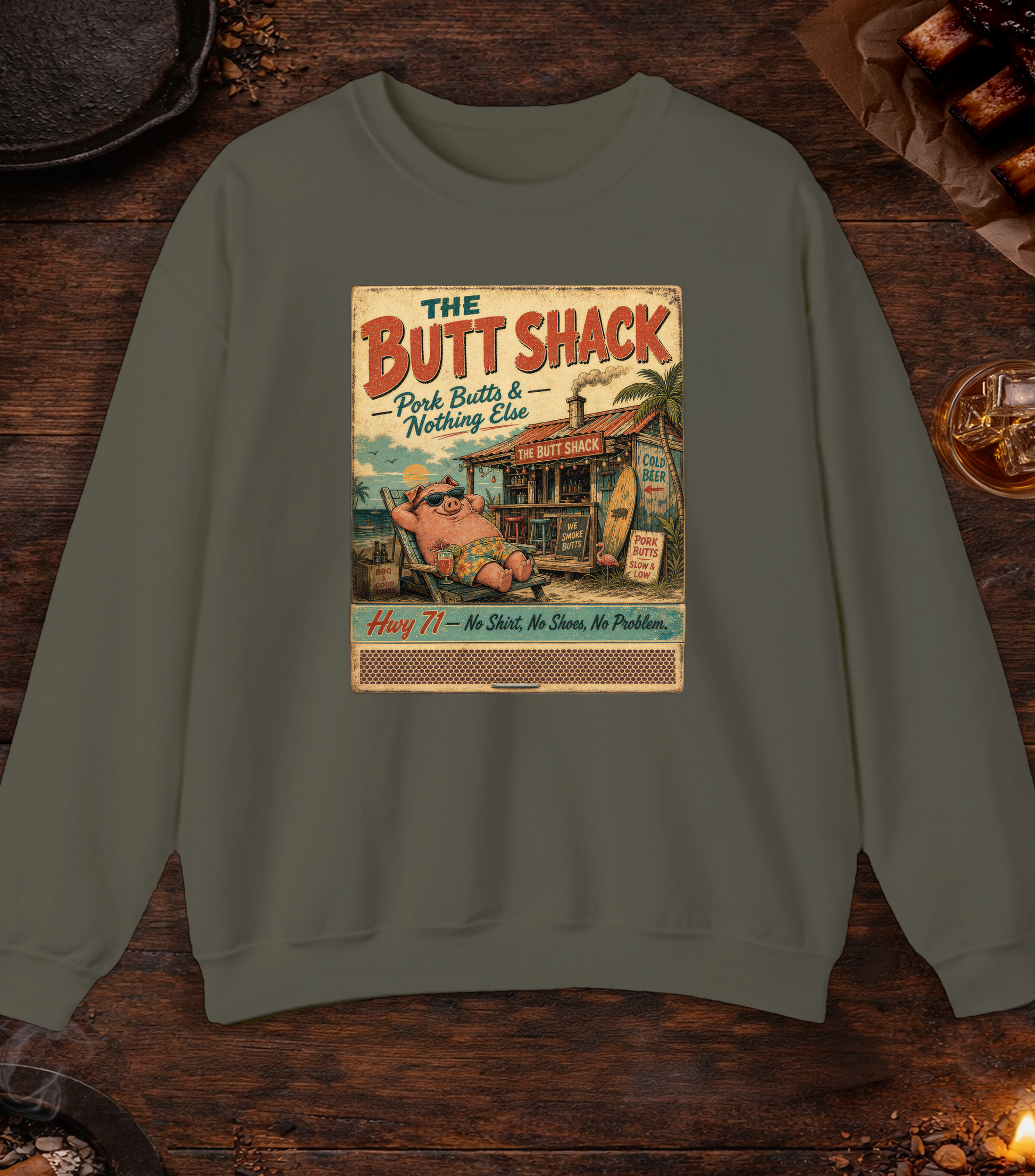 Butt Shack Matchbook Crewneck - Military Green