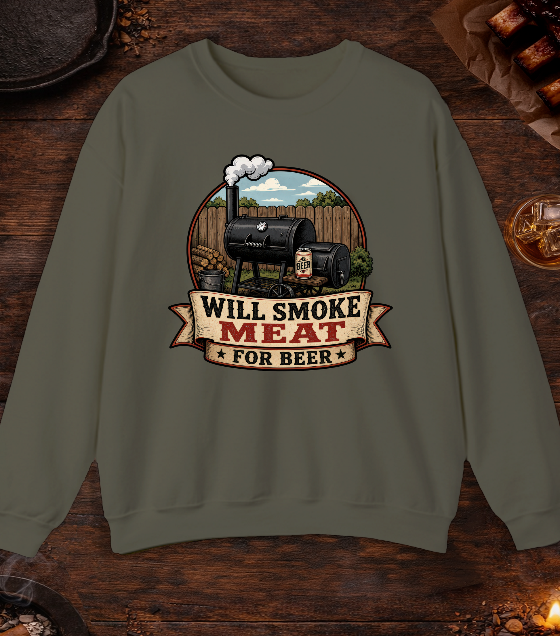 Will Smoke for Beer Crewneck - Military Green