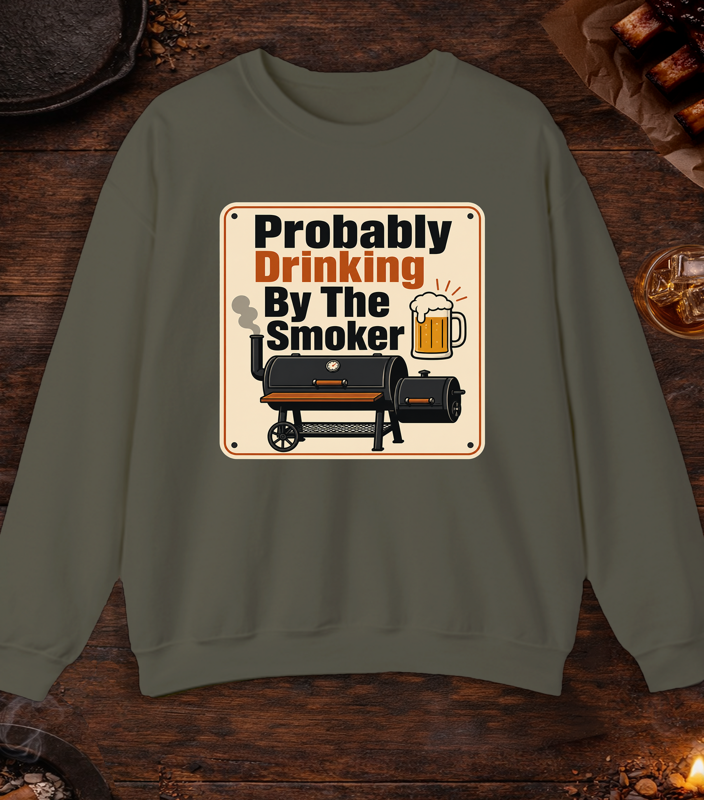 Drinking By Smoker Crewneck - Military Green