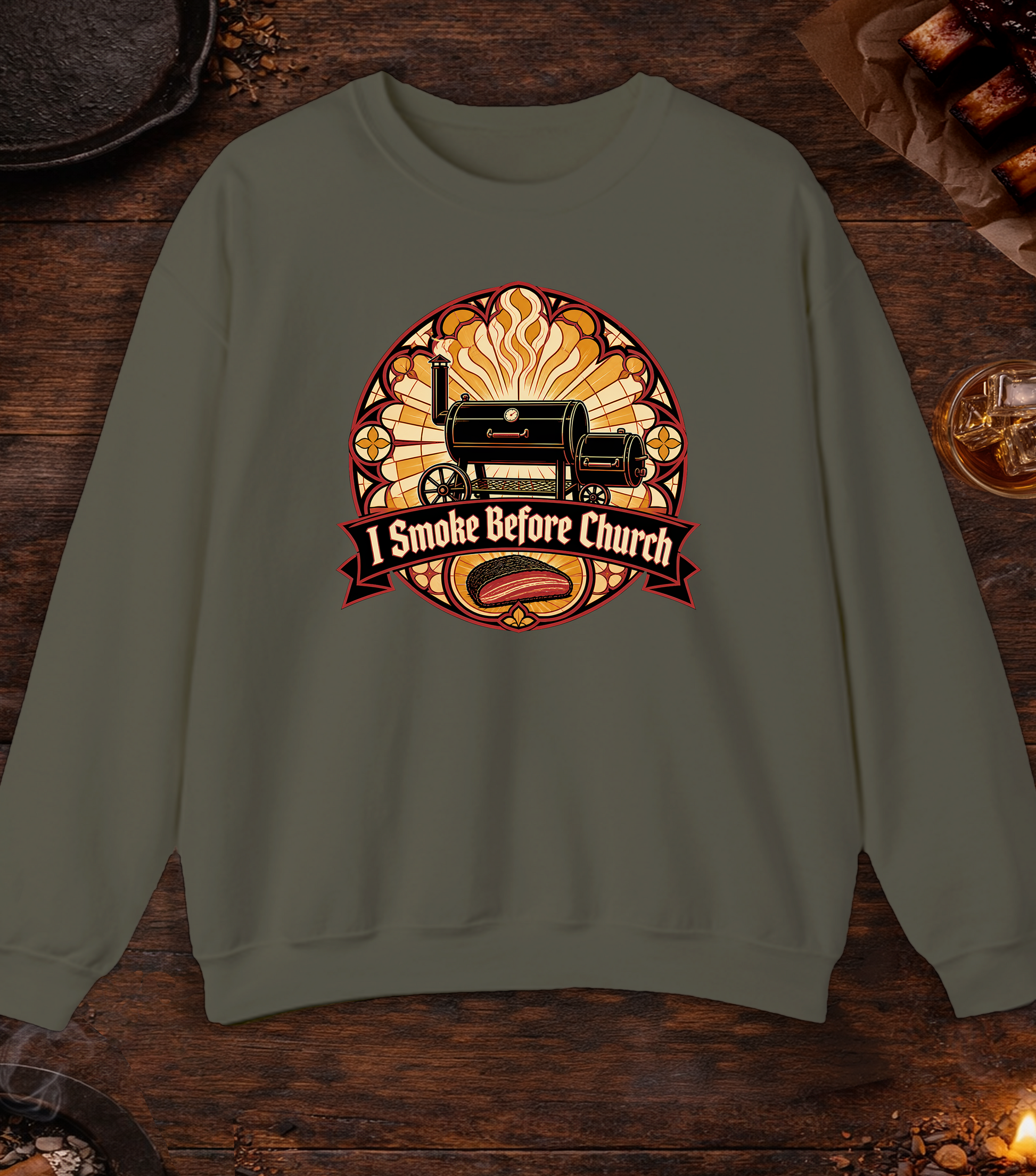 Smoke Before Church Crewneck - Military Green