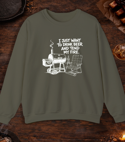 Drink Beer Tend Fire White Crewneck - Military Green