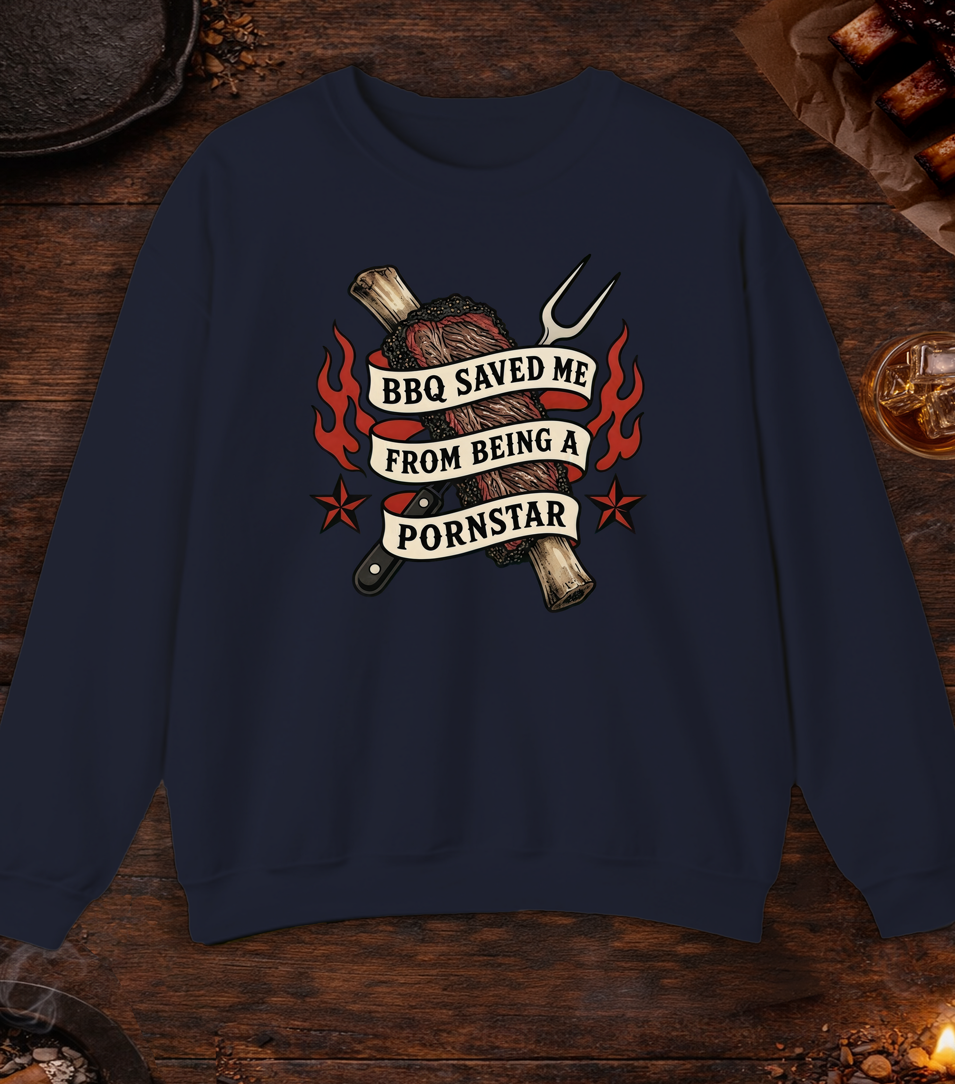 BBQ Saved Me Tattoo Crewneck - Navy