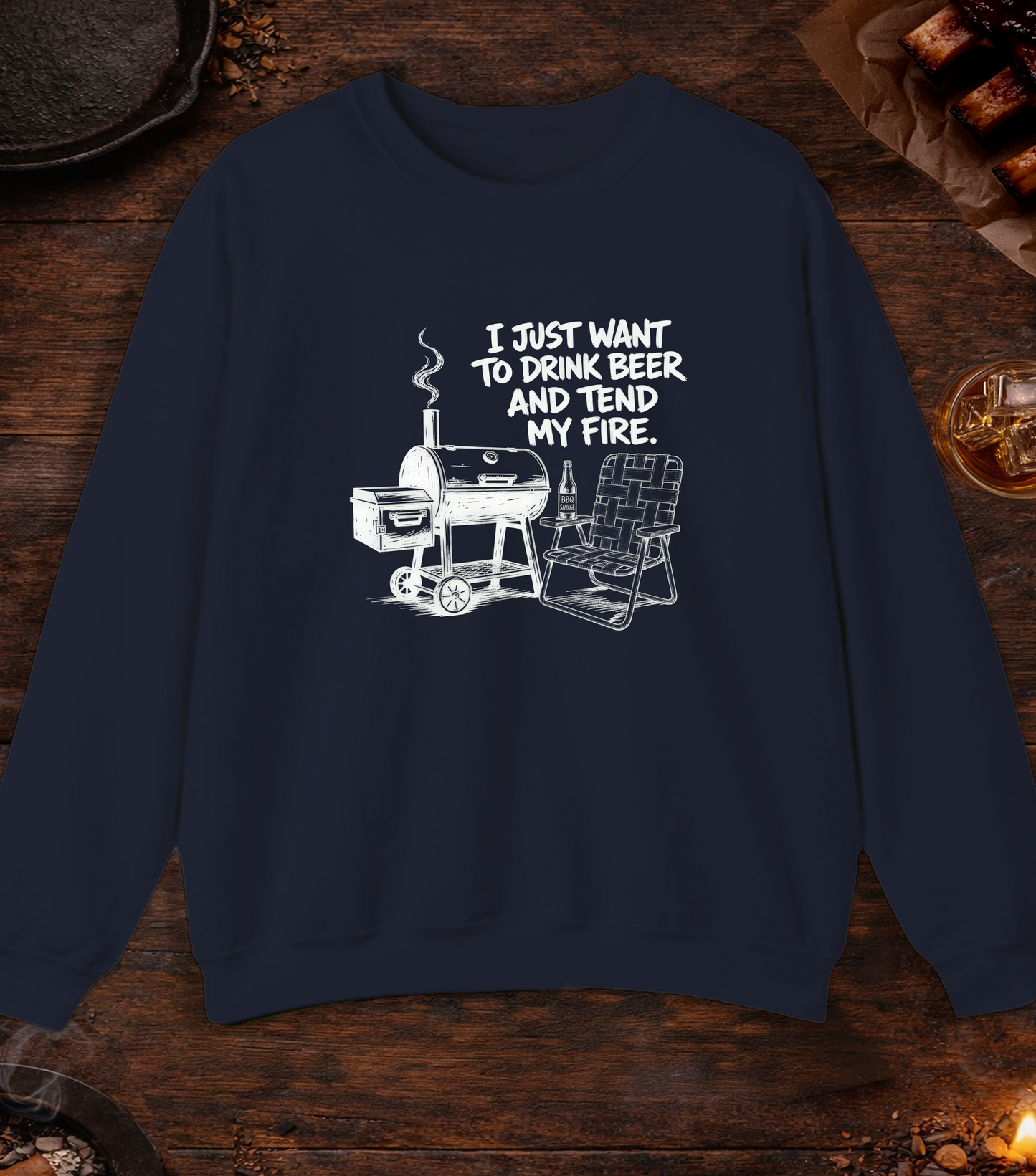 Drink Beer Tend Fire White Crewneck - Navy