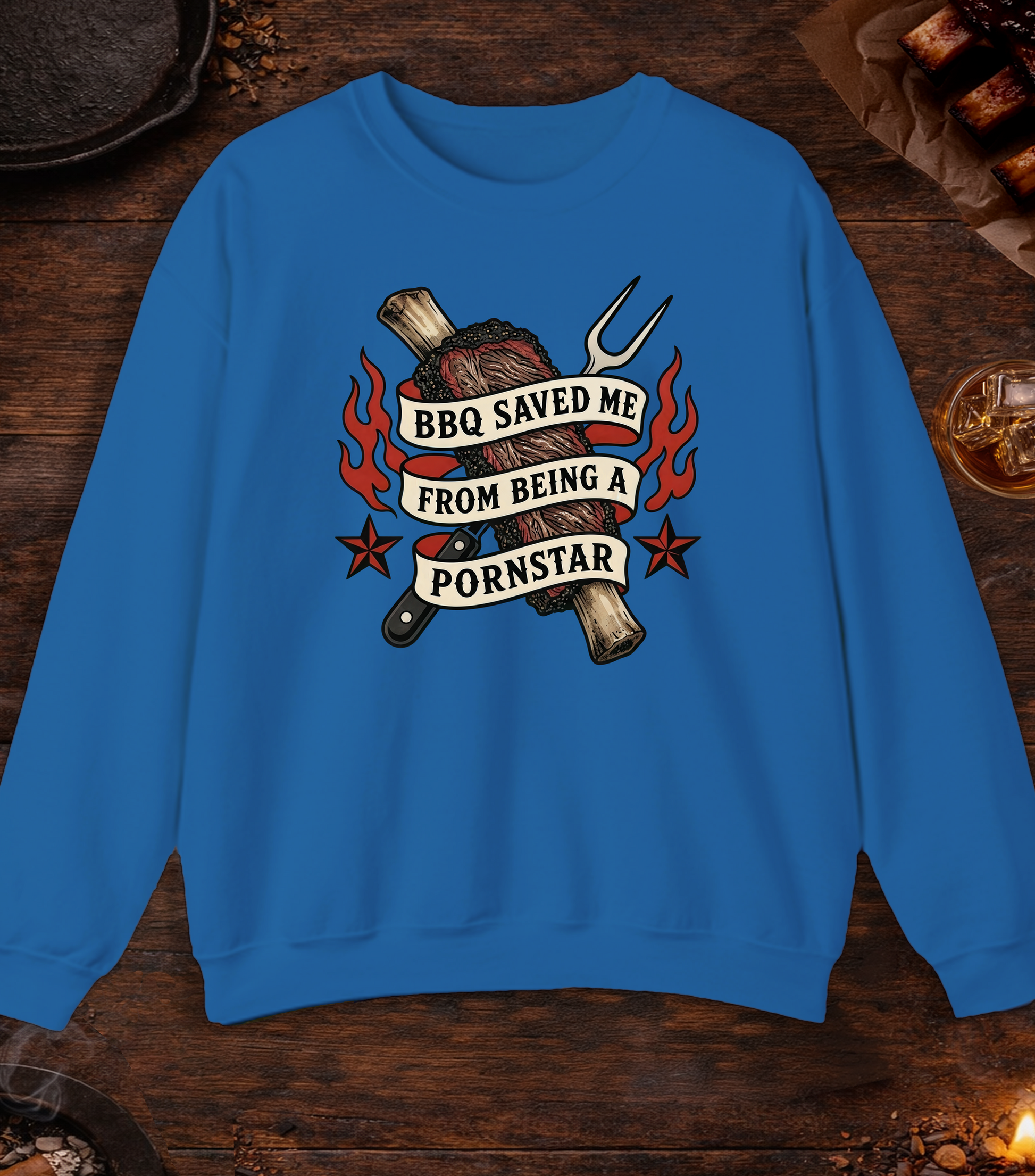 BBQ Saved Me Tattoo Crewneck - Royal