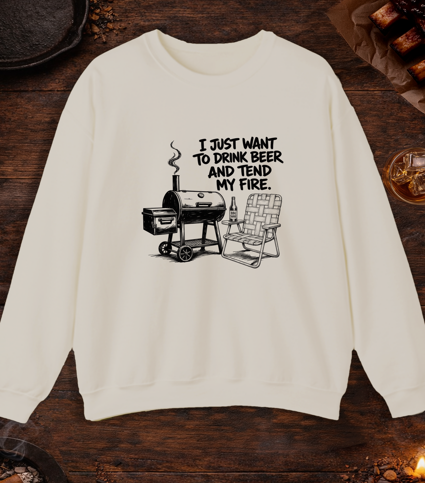 Drink Beer Tend Fire Black Crewneck - Sand