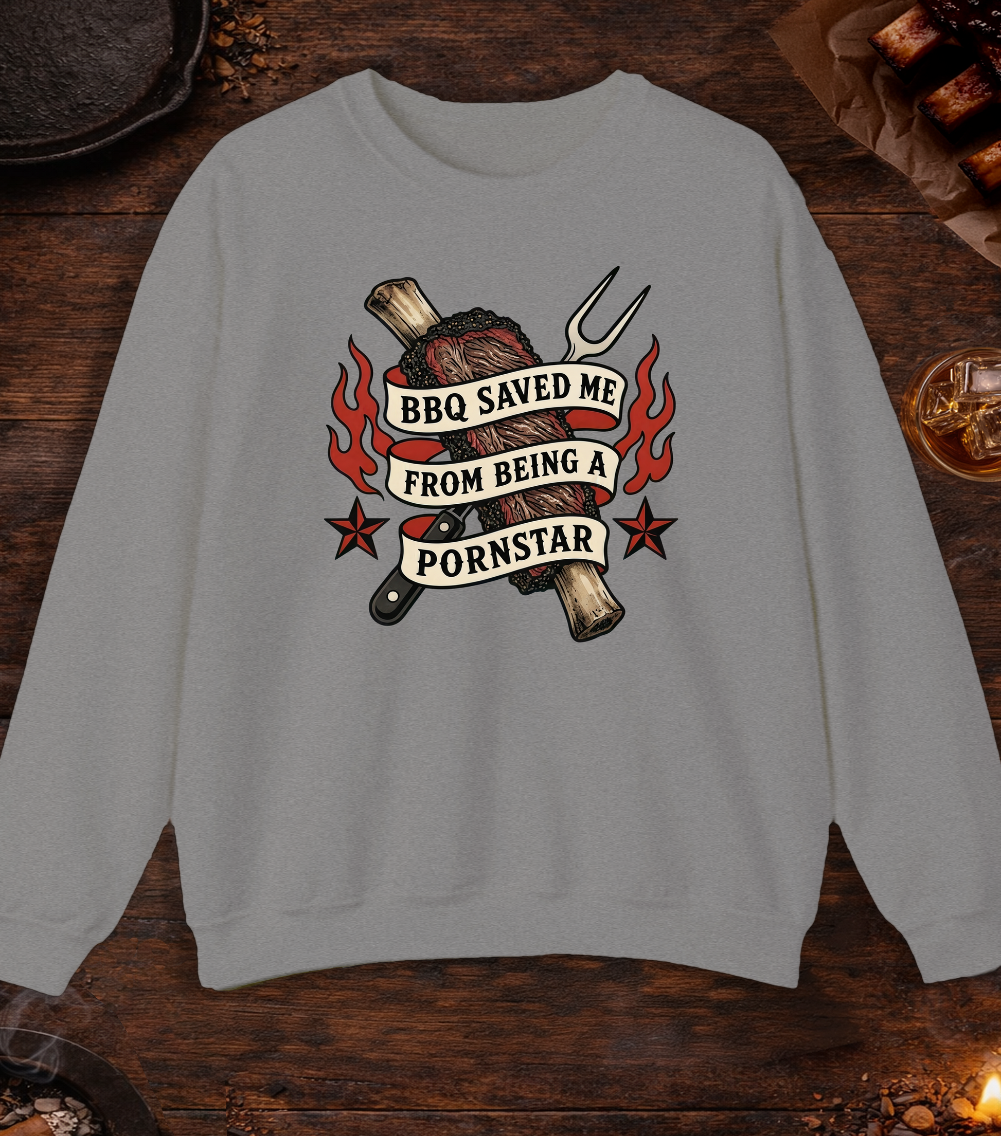 BBQ Saved Me Tattoo Crewneck - Sport Grey