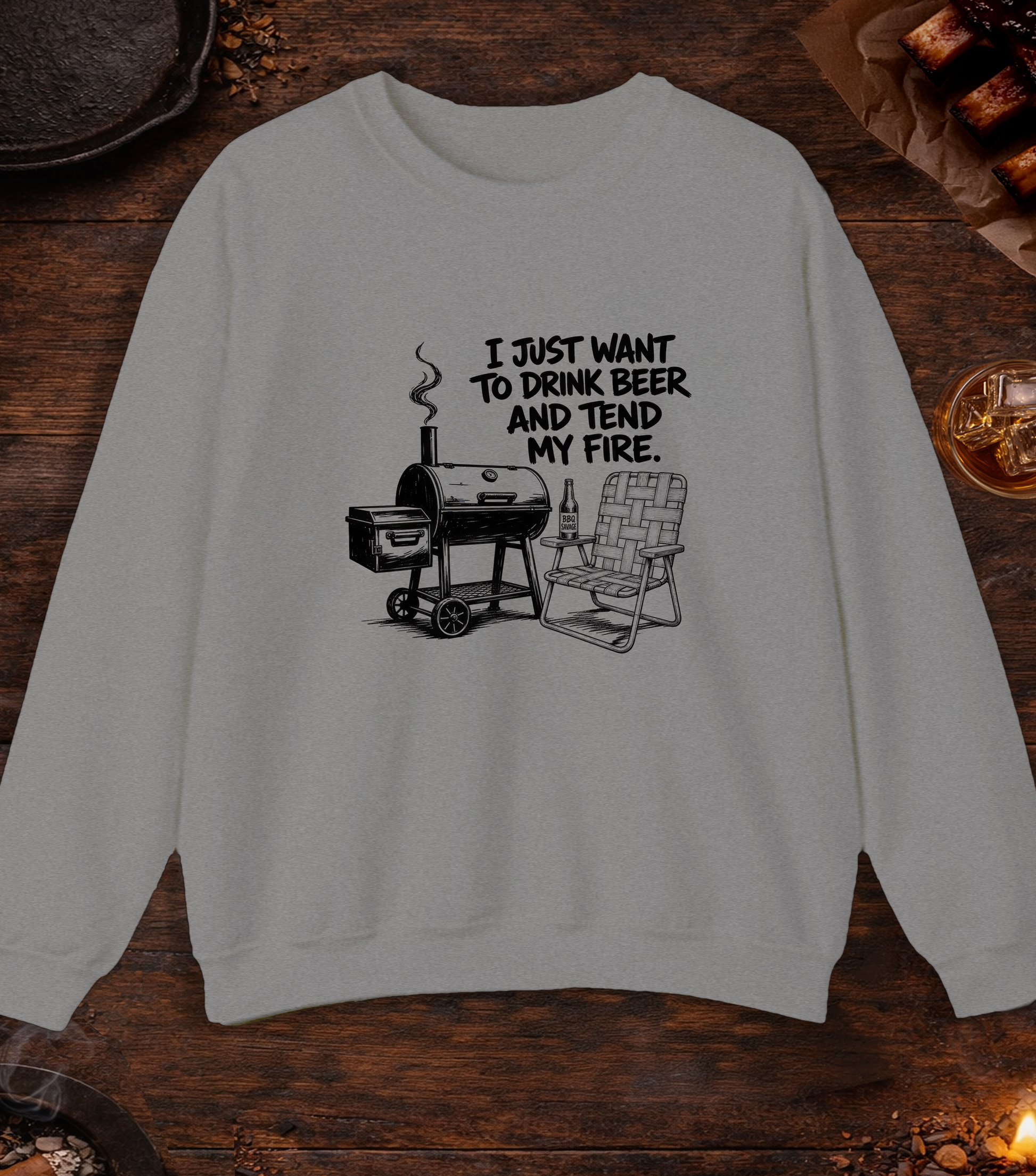 Drink Beer Tend Fire Black Crewneck - Sport Grey