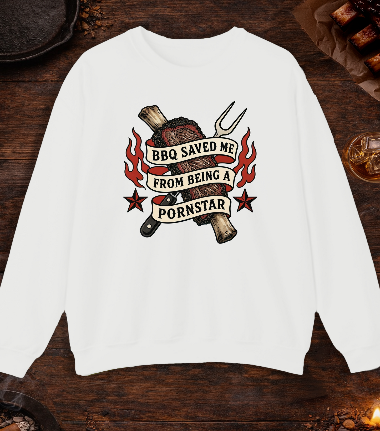 BBQ Saved Me Tattoo Crewneck - White