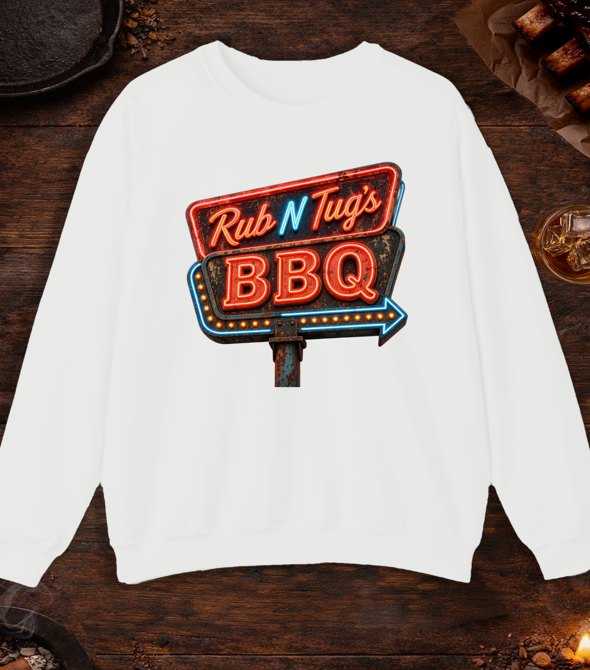 Rub N Tugs BBQ Crewneck - White