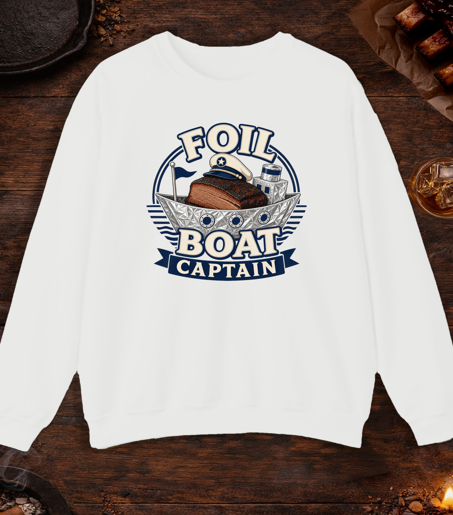 Foil Boat Captain Crewneck - White