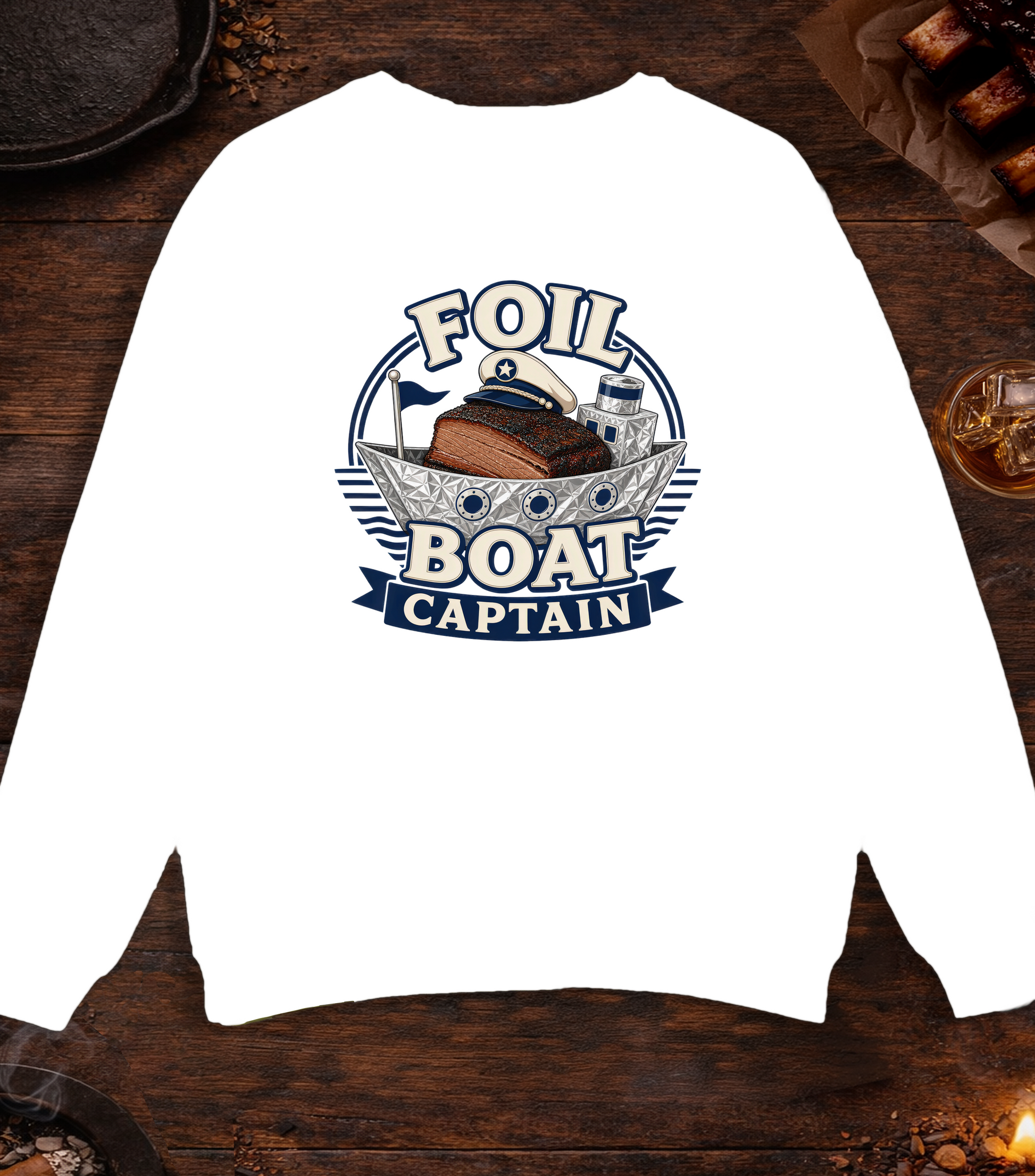 Foil Boat Captain Crewneck - White