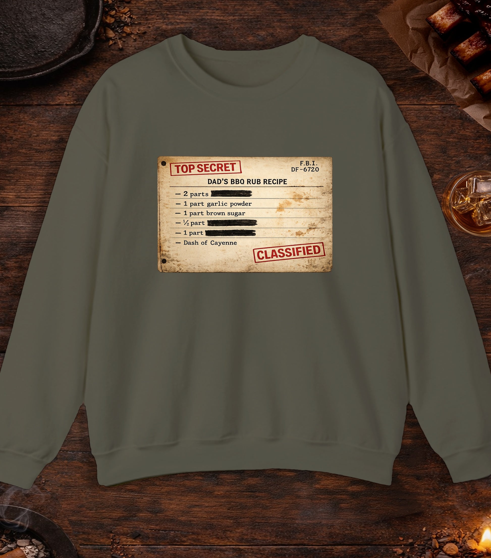 Dads BBQ Rub Recipe Crewneck - Military Green