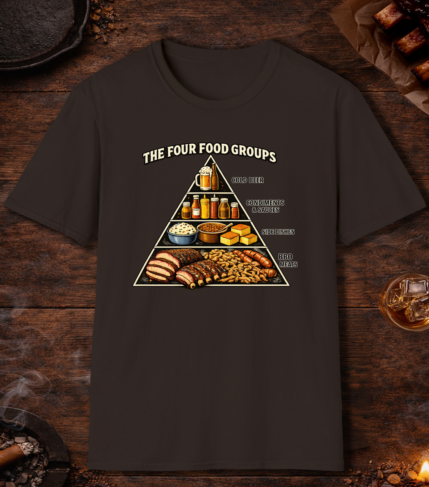 Four BBQ Food Groups T-Shirt - Dark Chocolate