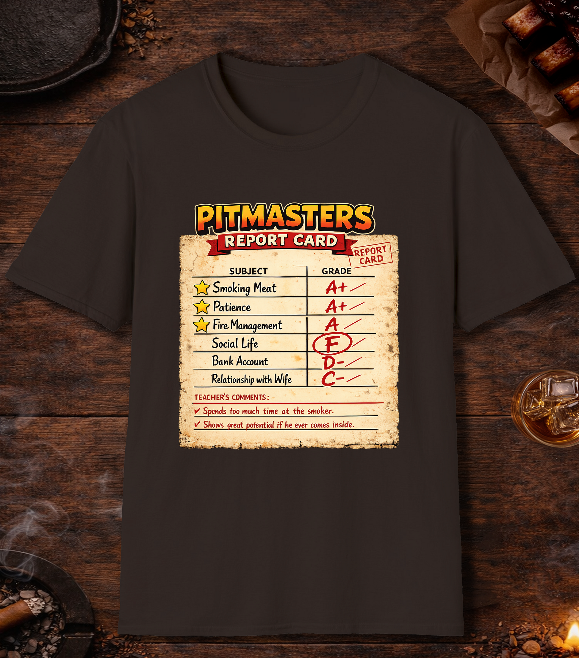 Pitmasters Report Card T-Shirt - Dark Chocolate