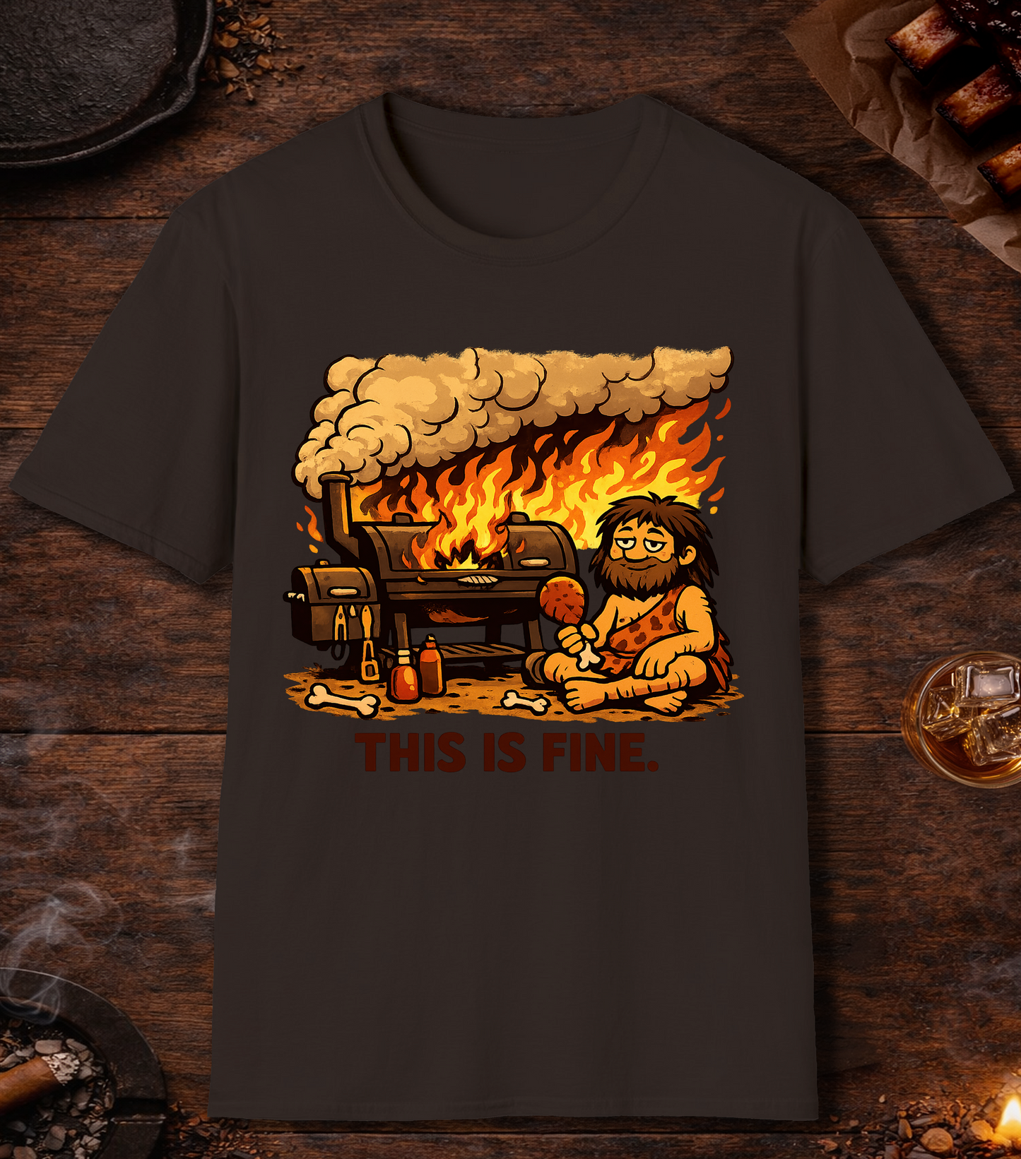 BBQ This Is Fine T-Shirt - Dark Chocolate