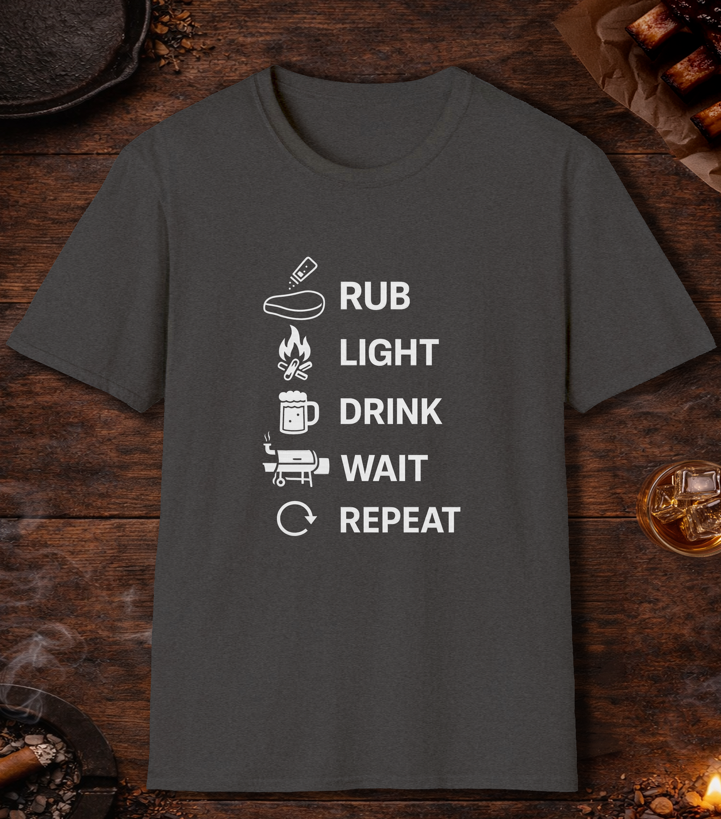 Rub Light Drink Wait Repeat T-Shirt - Dark Heather