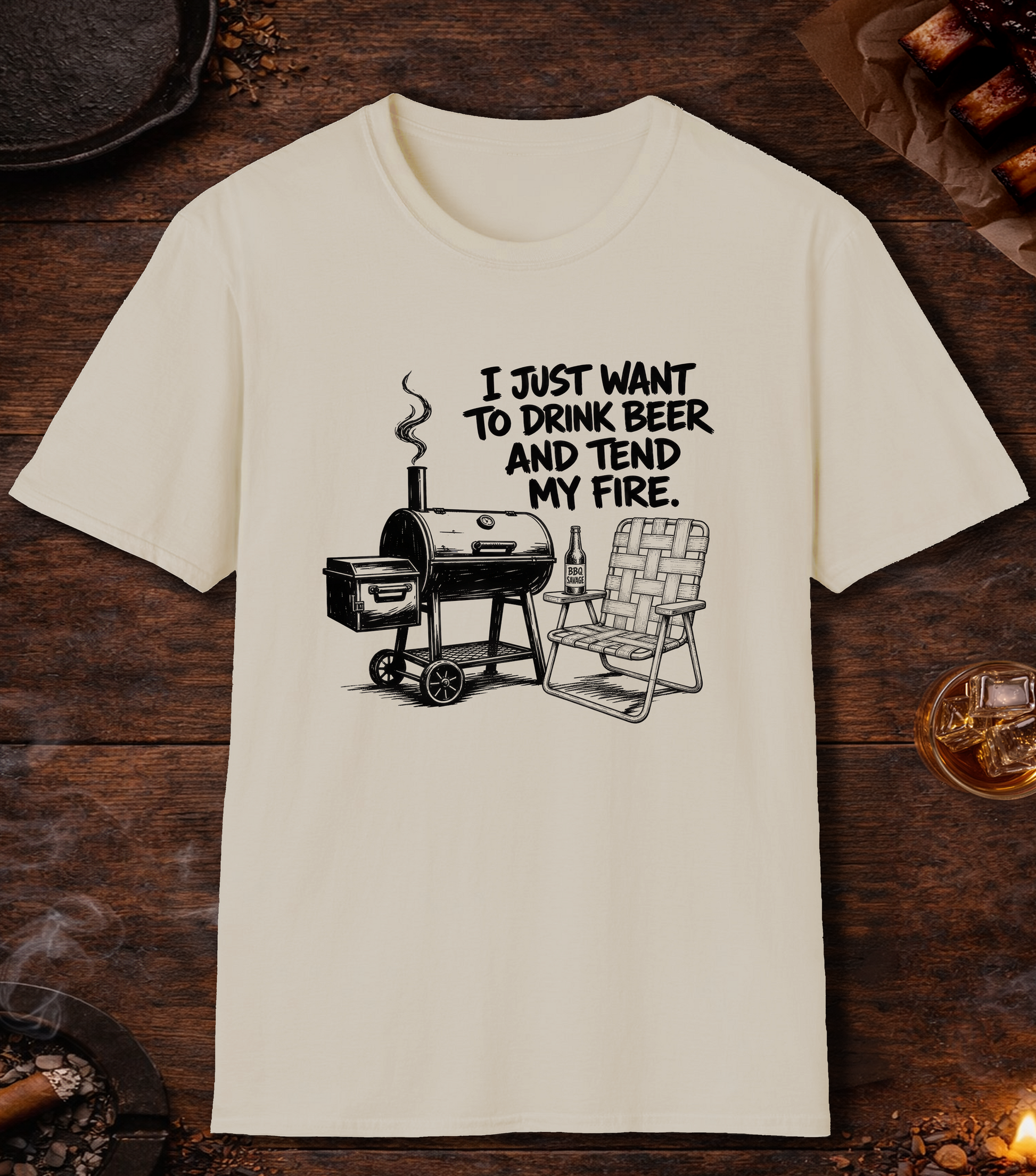 Drink Beer Tend Fire Black T-Shirt - Sand
