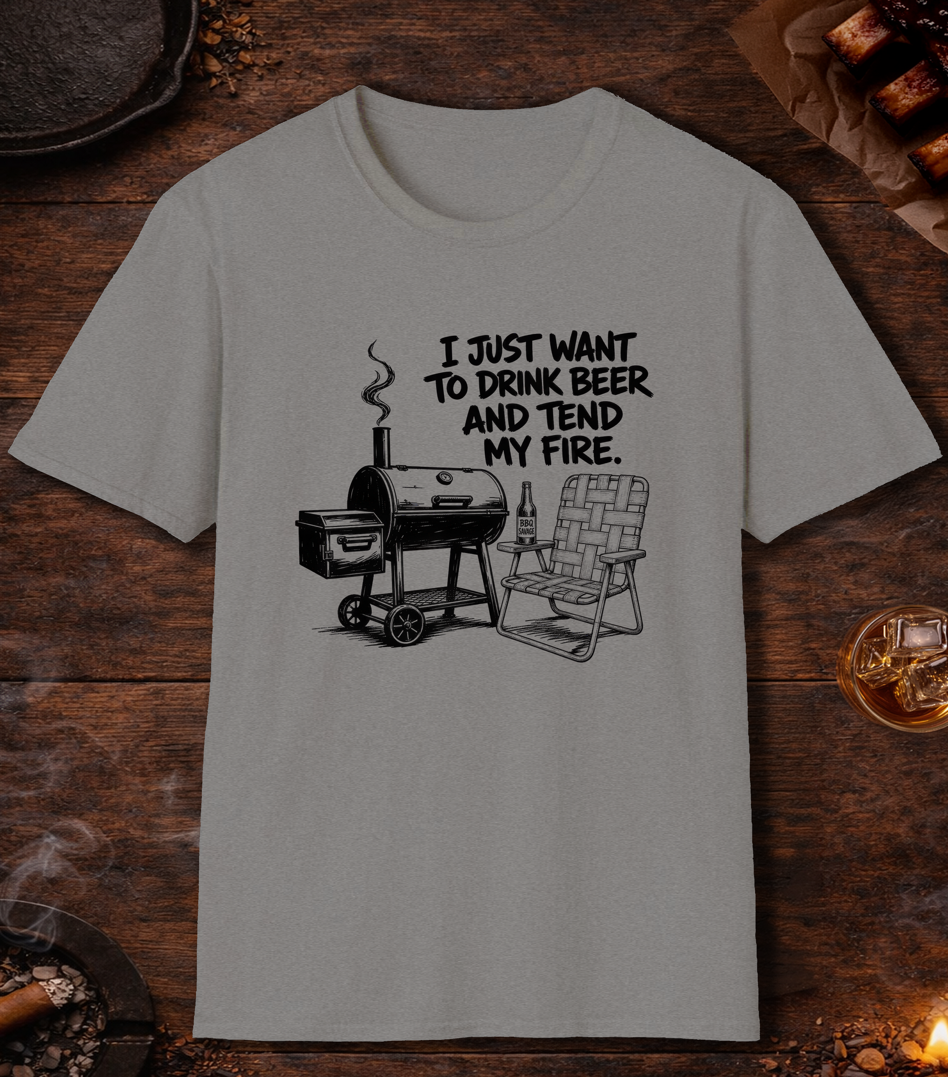Drink Beer Tend Fire Black T-Shirt - Sport Grey