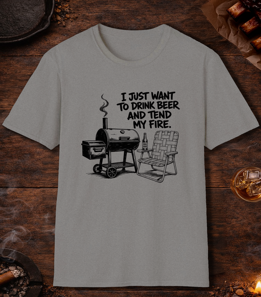 Drink Beer Tend Fire Black T-Shirt - Sport Grey